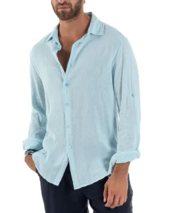 Camicia Collo Francese Lino Slim Fit Basic Celeste C3026A