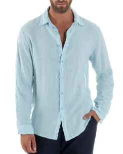 Camicia Collo Francese Lino Slim Fit Basic Celeste C3026A