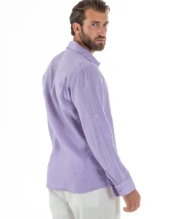 Camicia Collo Francese Lino Slim Fit Basic Lilla C3040A