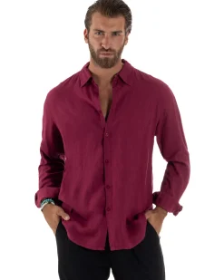 Camicia Collo Francese Lino Slim Fit Basic Bordeaux C3027A