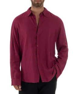Camicia Collo Francese Lino Slim Fit Basic Bordeaux C3027A