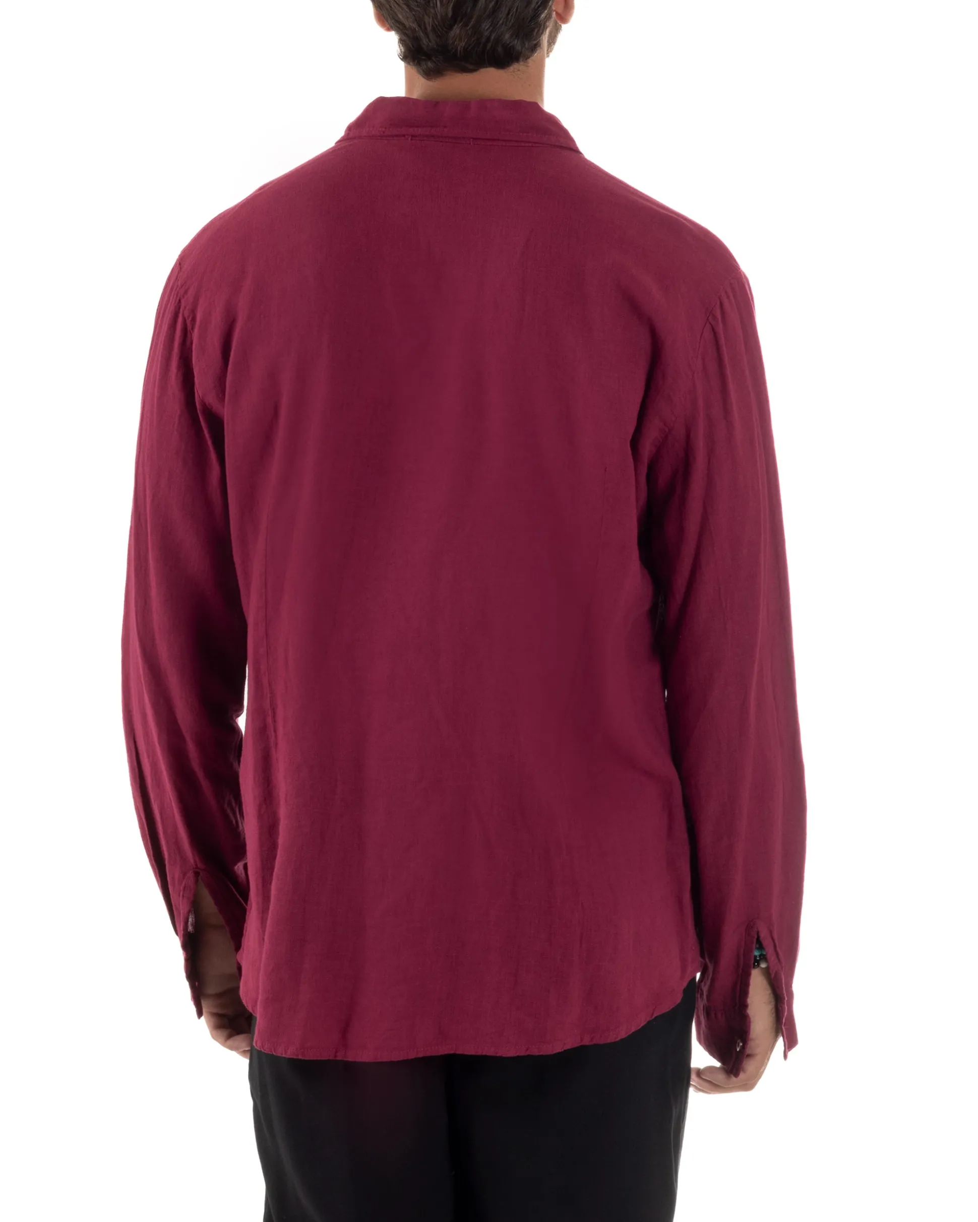 Camicia Collo Francese Lino Slim Fit Basic Bordeaux C3027A
