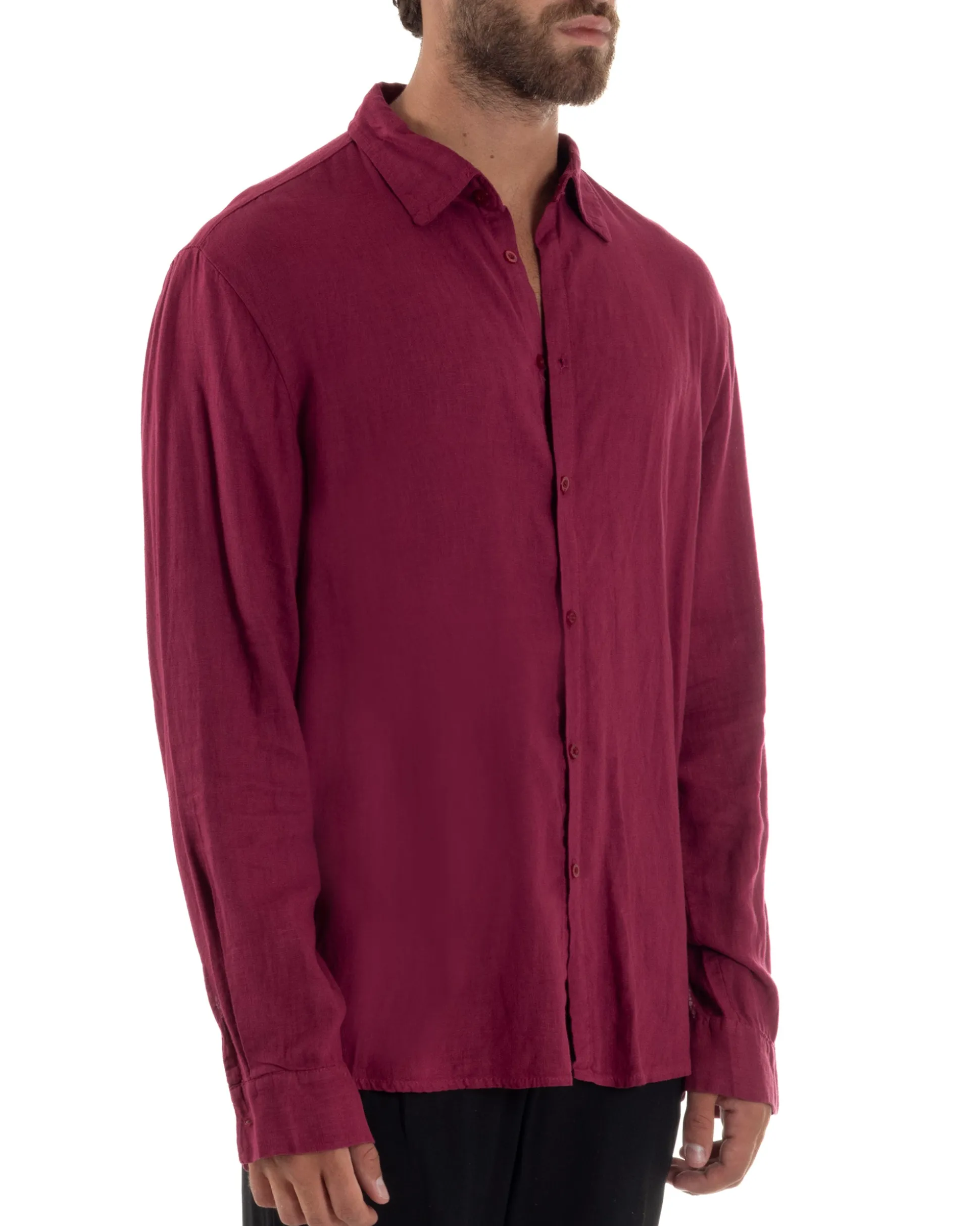 Camicia Collo Francese Lino Slim Fit Basic Bordeaux C3027A