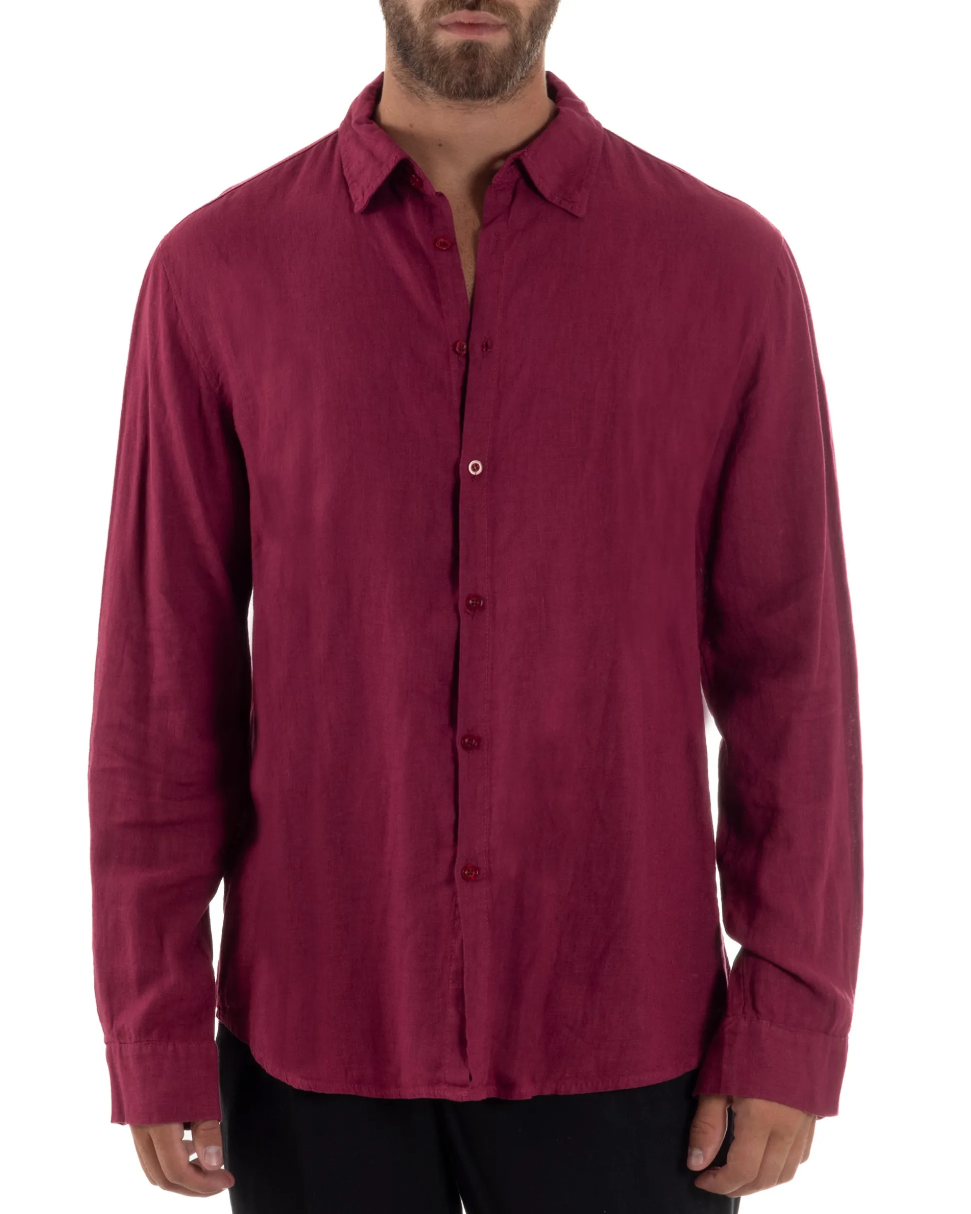 Camicia Collo Francese Lino Slim Fit Basic Bordeaux C3027A