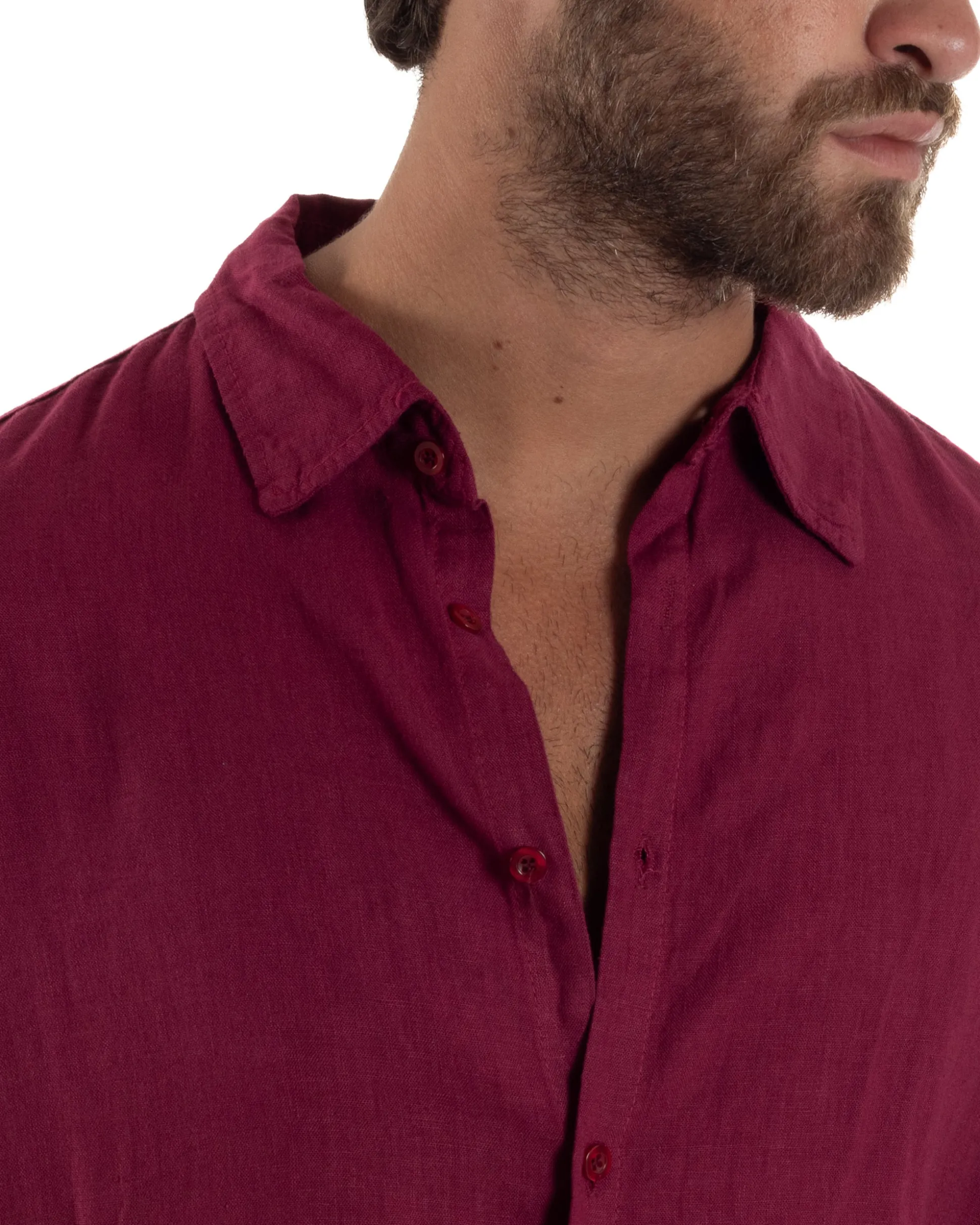 Camicia Collo Francese Lino Slim Fit Basic Bordeaux C3027A