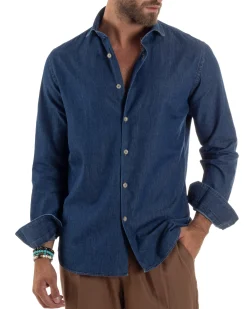Camicia Jeans Collo Francese Cotone Denim Scuro C3013A