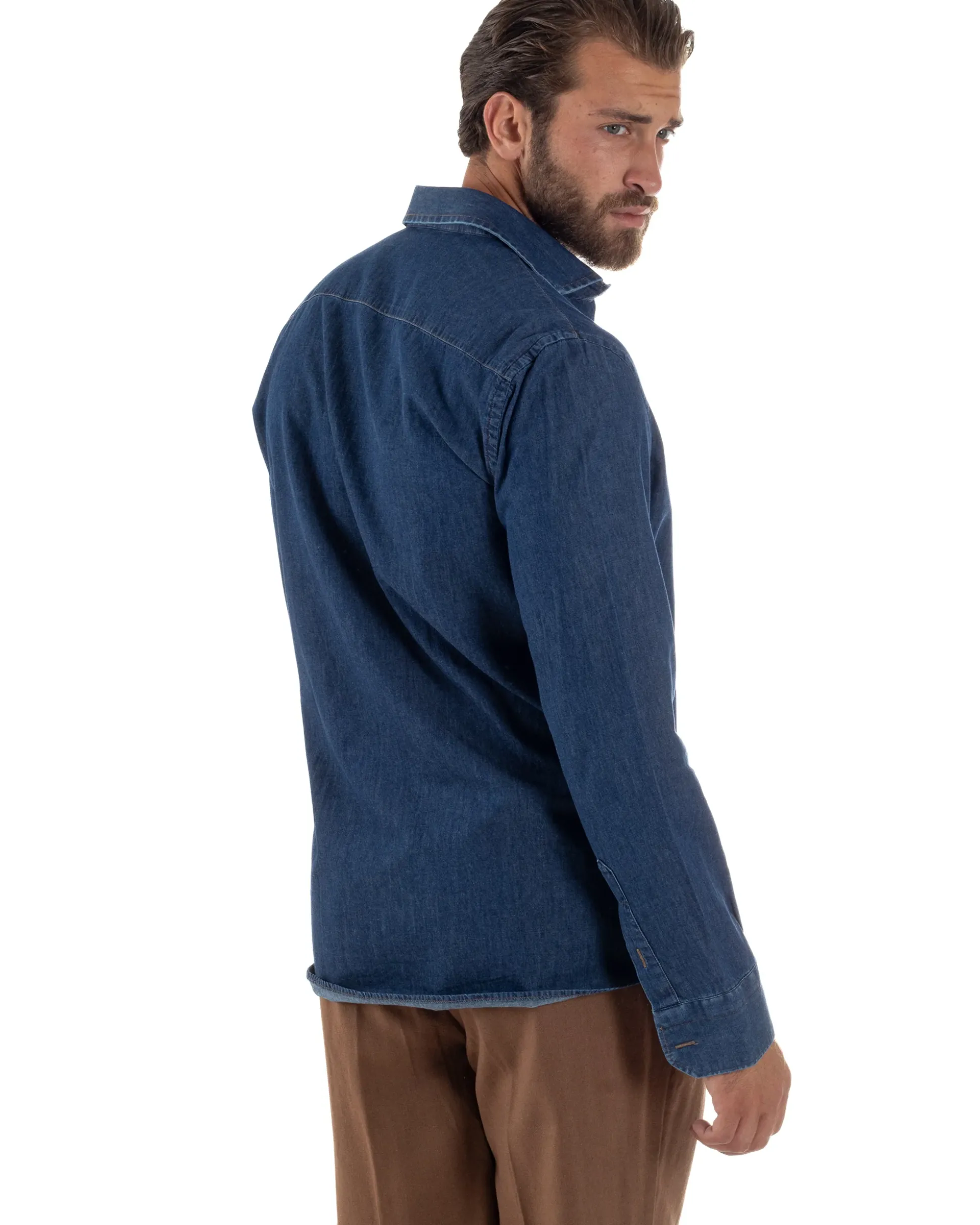 Camicia Jeans Collo Francese Cotone Denim Scuro C3013A