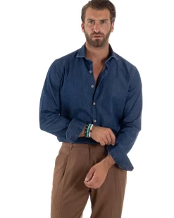 Camicia Jeans Collo Francese Cotone Denim Scuro C3013A