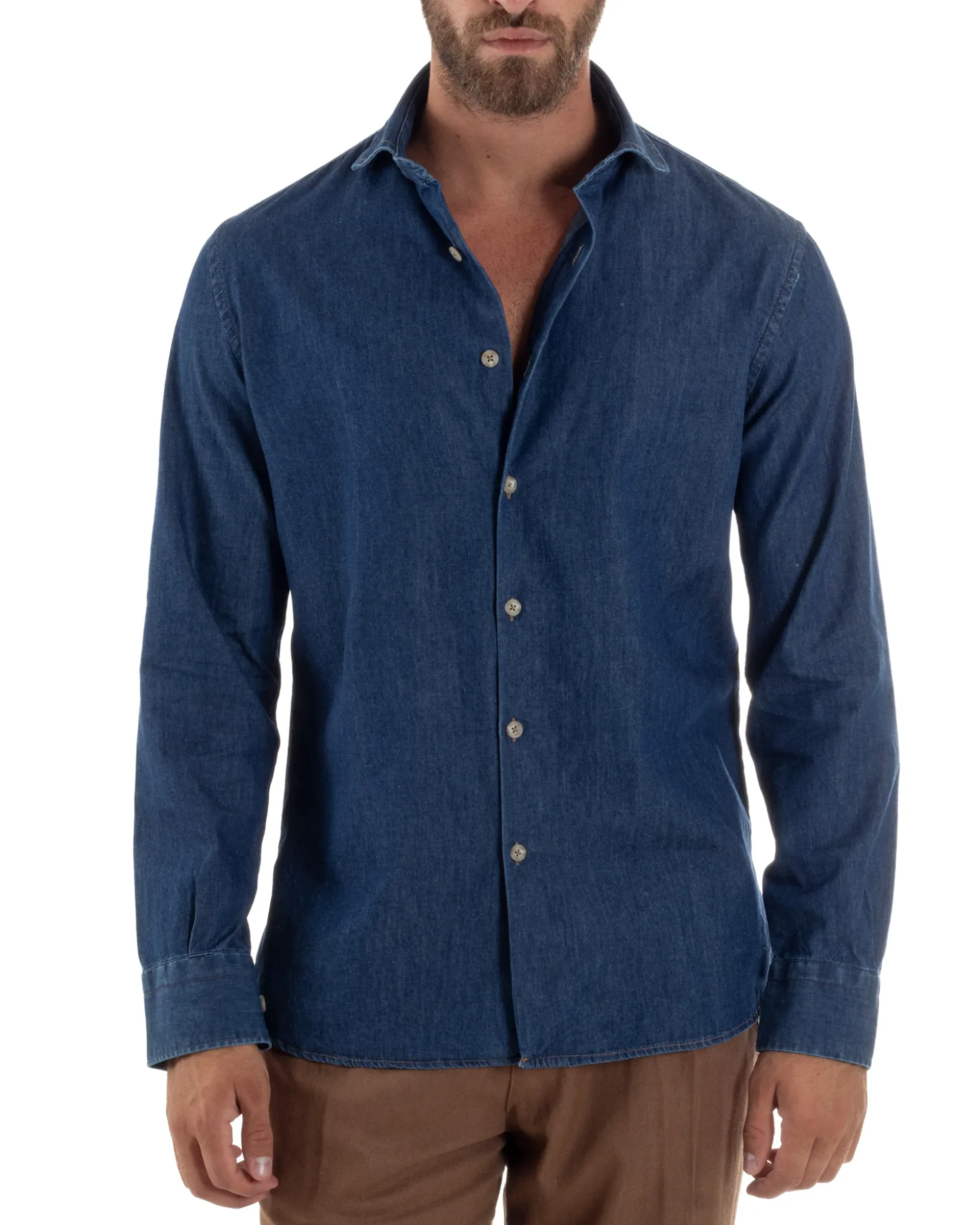 Camicia Jeans Collo Francese Cotone Denim Scuro C3013A