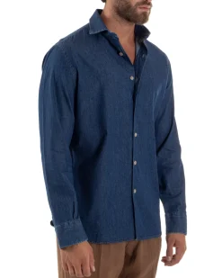 Camicia Jeans Collo Francese Cotone Denim Scuro C3013A