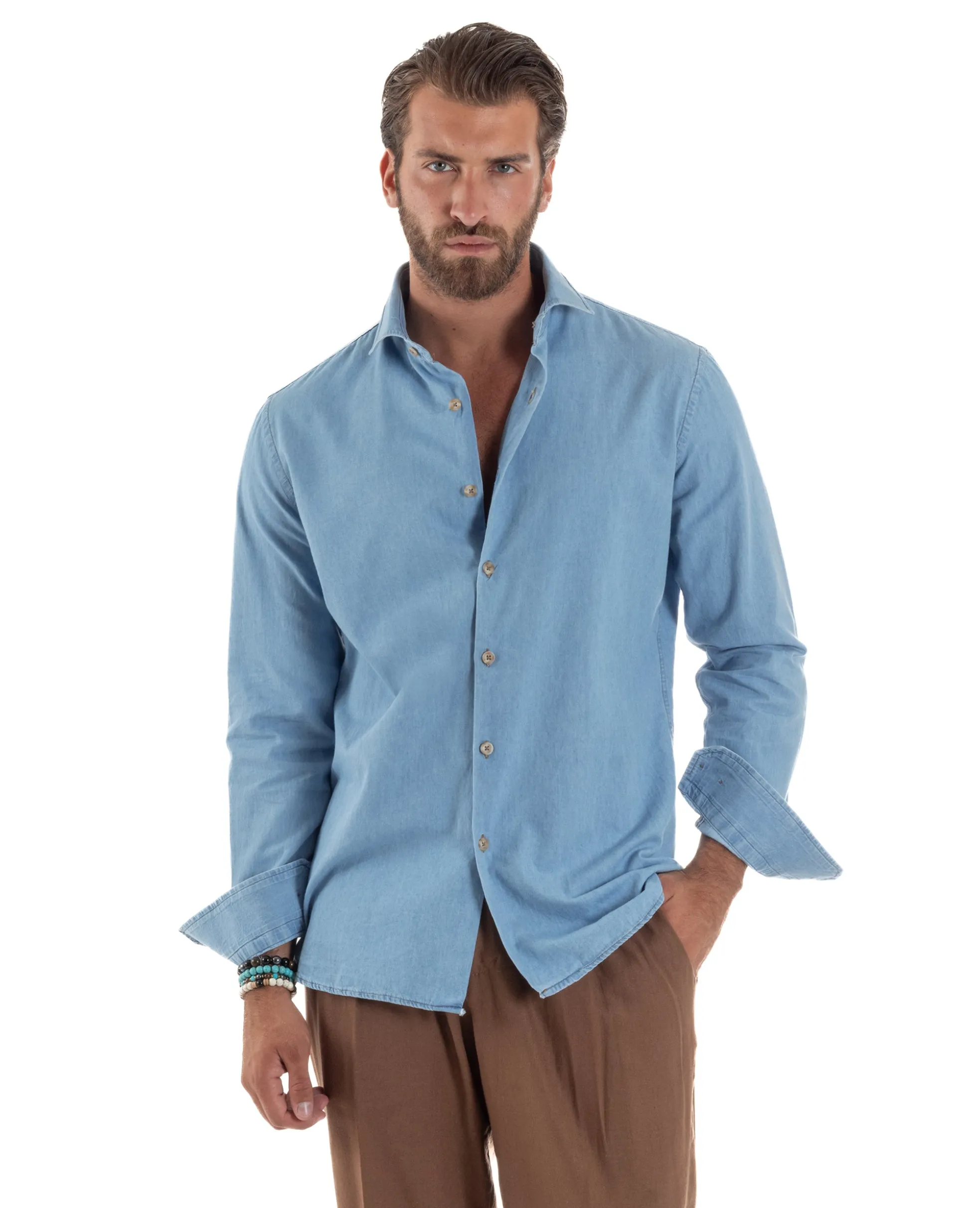 Camicia Jeans Collo Francese Cotone Denim Chiaro C3014A