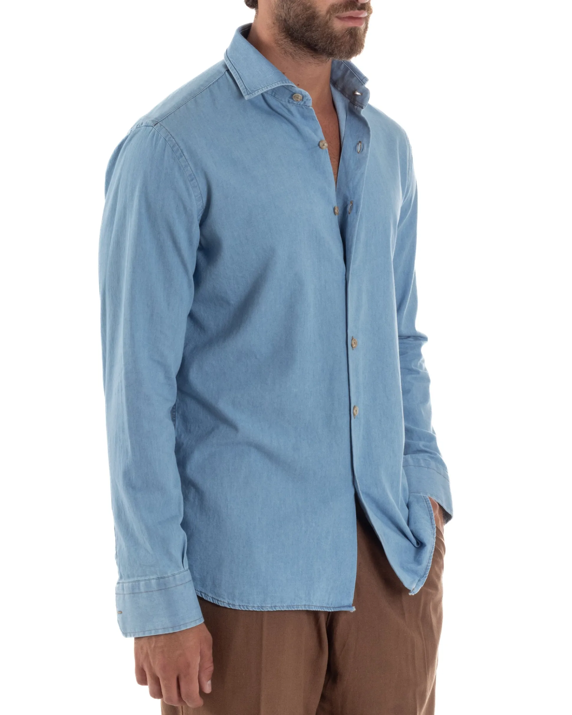 Camicia Jeans Collo Francese Cotone Denim Chiaro C3014A