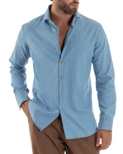 Camicia Jeans Collo Francese Cotone Denim Chiaro C3014A