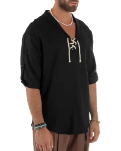 Camicia lino casacca maniche 3/4 scollo lacci nero GIOSAL-C2995A