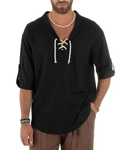 Camicia lino casacca maniche 3/4 scollo lacci nero GIOSAL-C2995A