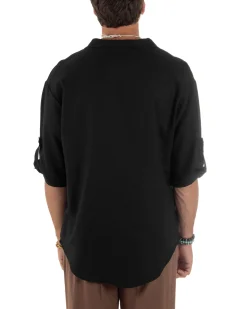 Camicia lino casacca maniche 3/4 scollo lacci nero GIOSAL-C2995A