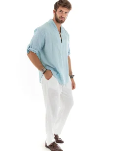 Camicia lino casacca maniche 3/4 scollo lacci celeste GIOSAL-C2833A