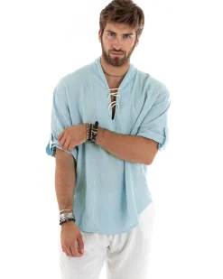 Camicia lino casacca maniche 3/4 scollo lacci celeste GIOSAL-C2833A