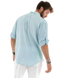 Camicia lino casacca maniche 3/4 scollo lacci celeste GIOSAL-C2833A