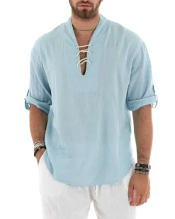 Camicia lino casacca maniche 3/4 scollo lacci celeste GIOSAL-C2833A