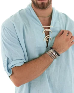 Camicia lino casacca maniche 3/4 scollo lacci celeste GIOSAL-C2833A