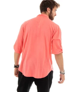 Camicia lino casacca maniche 3/4 scollo lacci corallo GIOSAL-C2739A
