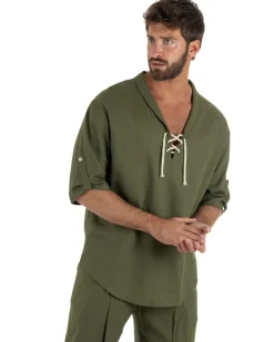 Camicia lino casacca maniche 3/4 scollo lacci verde GIOSAL-C3093A