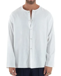Camicia Lino Casacca Relaxed Fit Collo Coreano Bianco C2973A