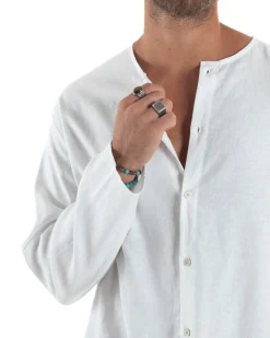 Camicia Lino Casacca Relaxed Fit Collo Coreano Bianco C2973A