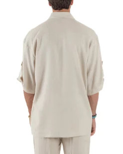 Camicia lino casacca relaxed fit scollo v beige GIOSAL-C2999A