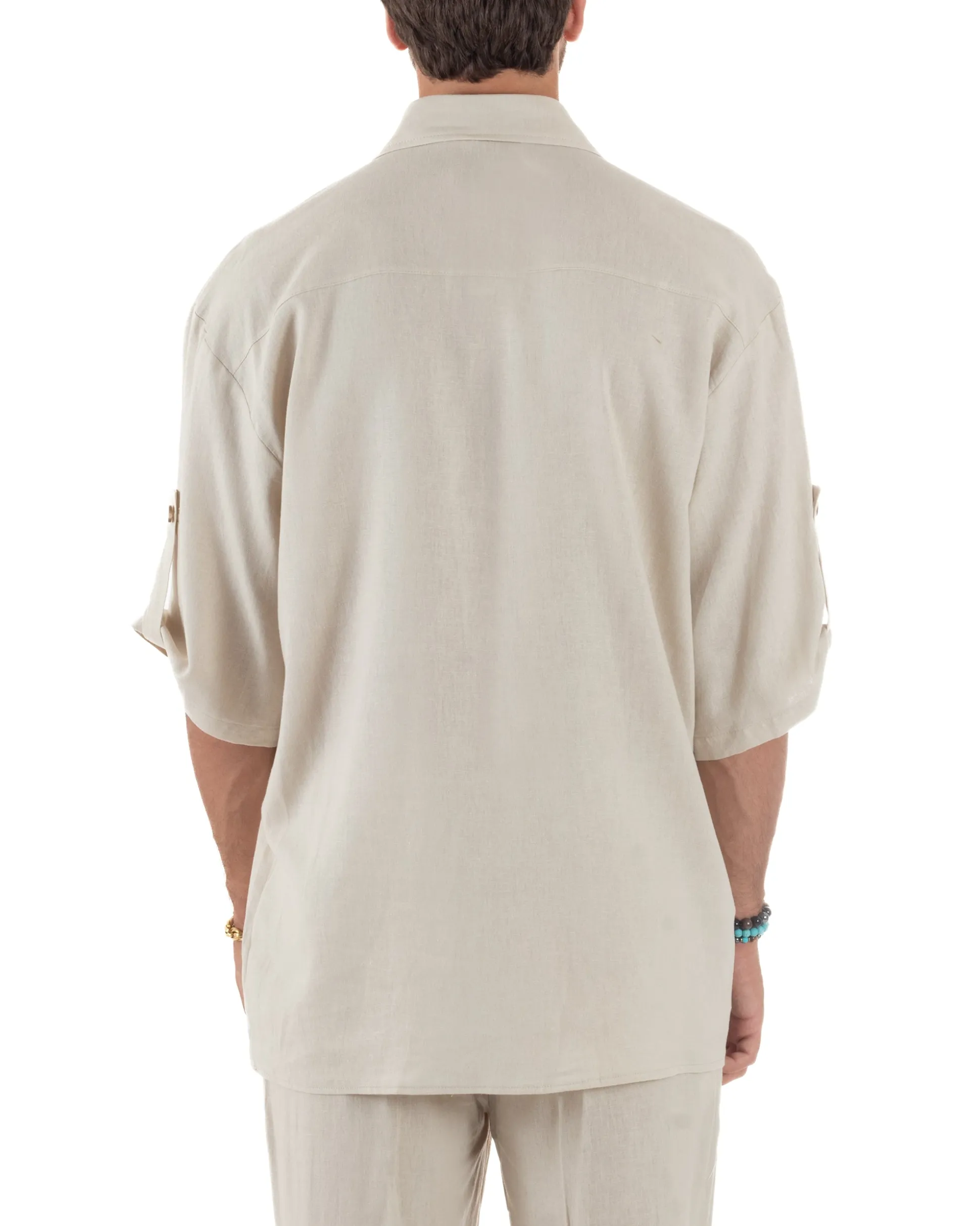 Camicia lino casacca relaxed fit scollo v beige GIOSAL-C2999A