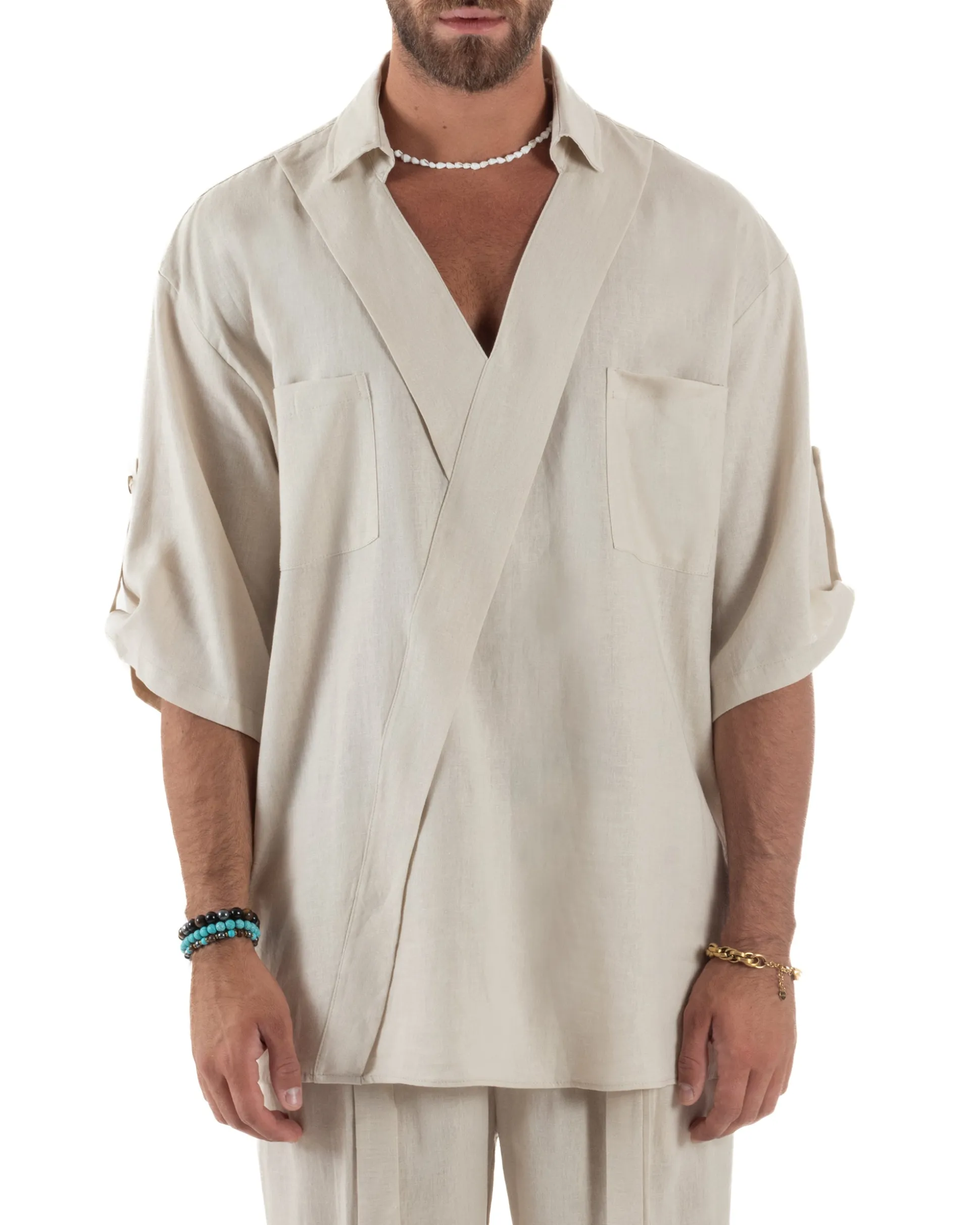 Camicia lino casacca relaxed fit scollo v beige GIOSAL-C2999A