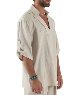 Camicia lino casacca relaxed fit scollo v beige GIOSAL-C2999A