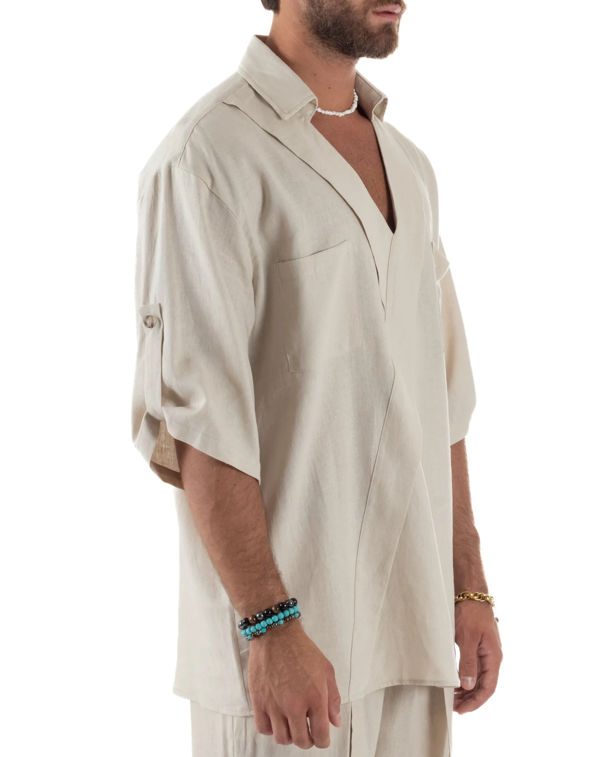 Camicia lino casacca relaxed fit scollo v beige GIOSAL-C2999A