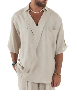 Camicia lino casacca relaxed fit scollo v beige GIOSAL-C2999A