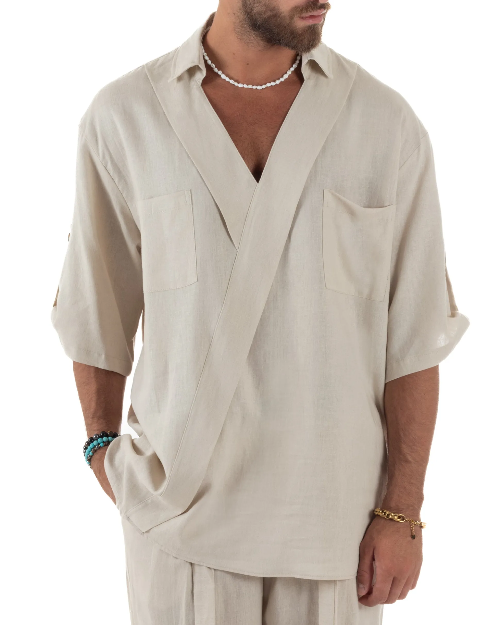 Camicia lino casacca relaxed fit scollo v beige GIOSAL-C2999A