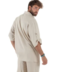 Camicia lino casacca relaxed fit scollo v beige GIOSAL-C2999A
