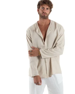 Camicia Lino Casacca Relaxed Fit Collo Coreano Beige C2970A