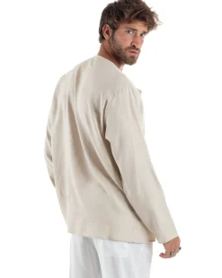Camicia Lino Casacca Relaxed Fit Collo Coreano Beige C2970A