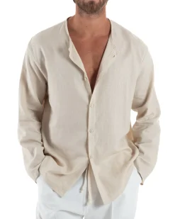 Camicia Lino Casacca Relaxed Fit Collo Coreano Beige C2970A