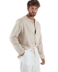 Camicia Lino Casacca Relaxed Fit Collo Coreano Beige C2970A