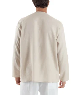 Camicia Lino Casacca Relaxed Fit Collo Coreano Beige C2970A
