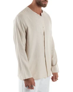 Camicia Lino Casacca Relaxed Fit Collo Coreano Beige C2970A