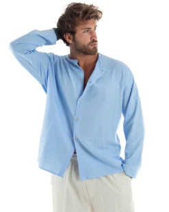Camicia Lino Casacca Relaxed Fit Collo Coreano Celeste C2969A