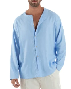 Camicia Lino Casacca Relaxed Fit Collo Coreano Celeste C2969A