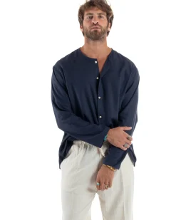 Camicia Lino Casacca Relaxed Fit Collo Coreano Blu C2968A