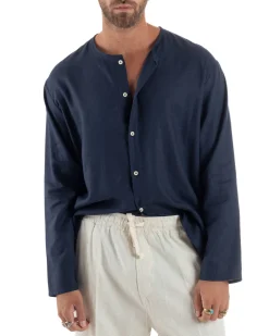 Camicia Lino Casacca Relaxed Fit Collo Coreano Blu C2968A
