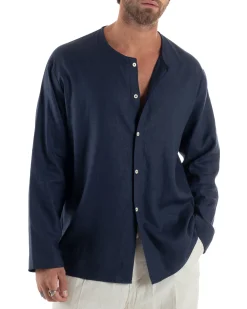 Camicia Lino Casacca Relaxed Fit Collo Coreano Blu C2968A