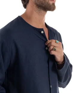 Camicia Lino Casacca Relaxed Fit Collo Coreano Blu C2968A