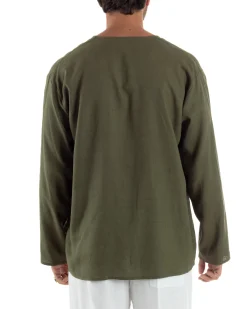Camicia Lino Casacca Relaxed Fit Collo Coreano Verde C2971A